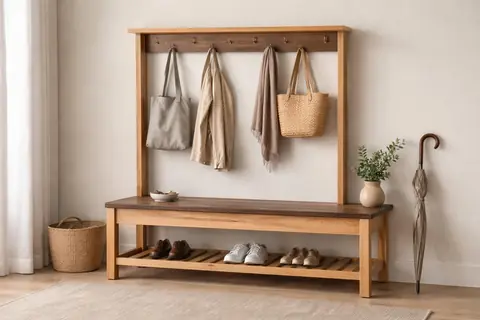 Banc de vestiaire en chêne avec porte-manteau mural, finition mate, design intérieur minimaliste et chaleureux.