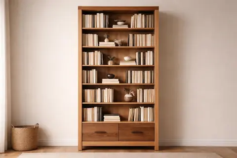 Bibliothèque en chêne massif et noyer, rayonnage haut rempli de livres, lumière naturelle douce.