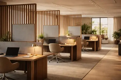 Bureau open space avec cloisons acoustiques en chêne, lumière naturelle douce et ambiance calme et épurée.