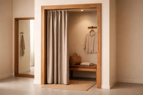 Cabine d’essayage en chêne avec banc et tringle, design intérieur chaleureux pour boutique de vêtements.