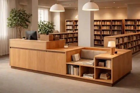 Banque d'accueil de médiathèque avec section abaissée