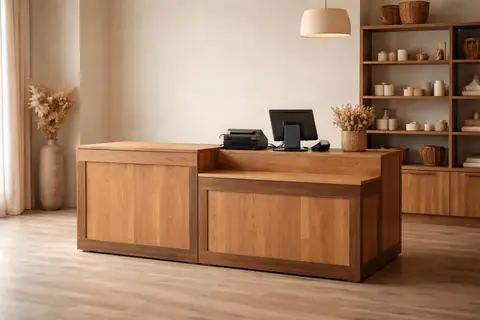 Comptoir de caisse en chêne avec section accessible, finition mate, design professionnel en boutique.