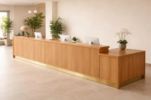 Comptoir de réception en chêne massif avec section accessible, finition mate et détail laiton, dans un hall lumineux.