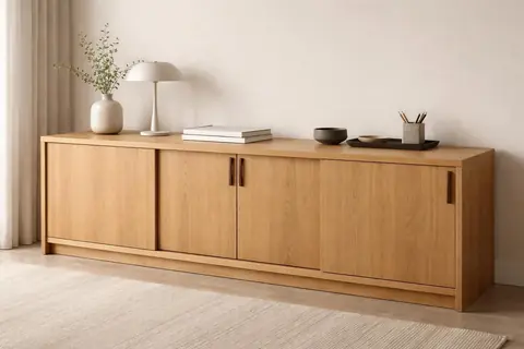Crédence basse en chêne avec portes coulissantes, meuble de rangement de bureau en bois naturel élégant