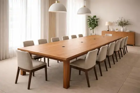Grande table de réunion en chêne pour douze personnes, avec passe-câbles intégrés et finition mate naturelle.