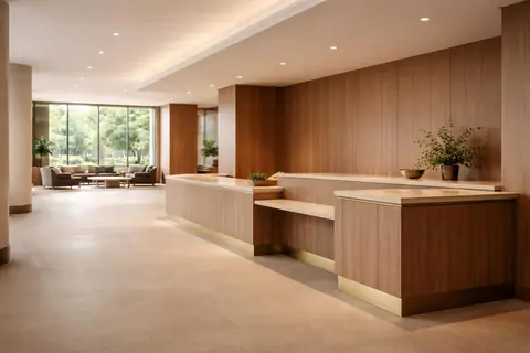 Hall d’accueil public contemporain en bois de chêne, avec comptoir accessible et lumière naturelle chaleureuse.