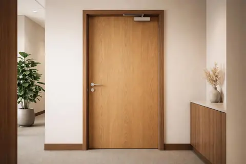Porte coupe-feu en placage chêne dans un couloir de bureau, finition mate et lumière naturelle.