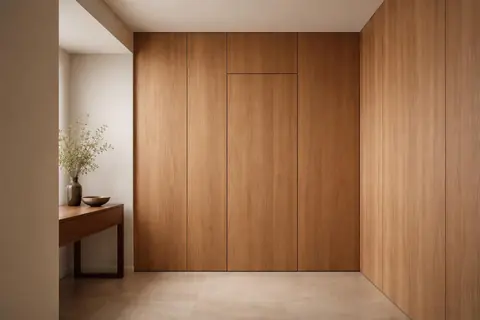 Porte de placard technique en chêne affleurante, intégrée au lambris mural d’un couloir élégant.