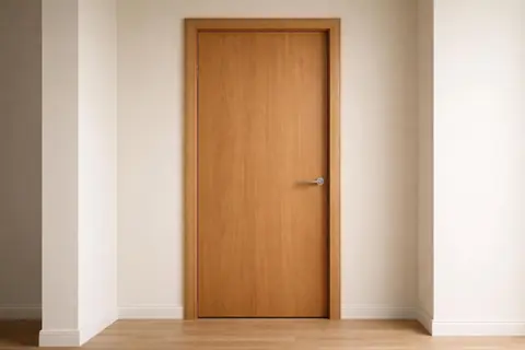 Porte intérieure affleurante en placage chêne avec cadre assorti, finition mate, dans un couloir neutre.