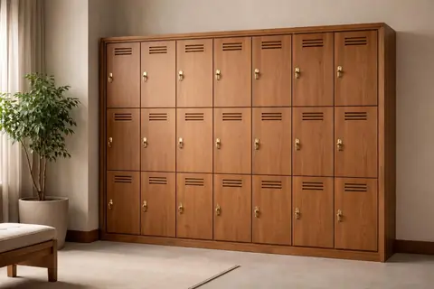 Vestiaire de bureau avec casiers en chêne et numéros en laiton, éclairé par une lumière naturelle douce.