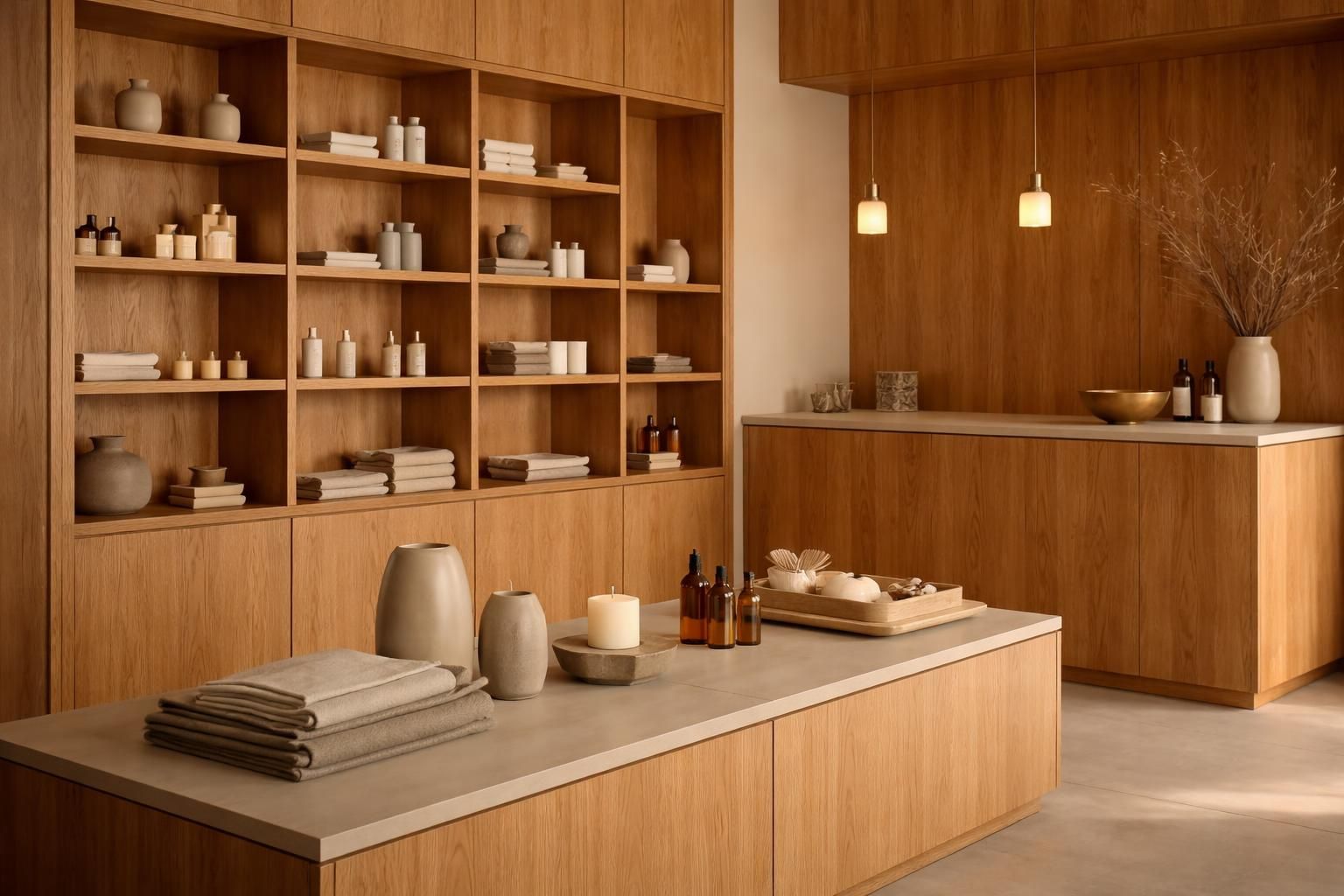 Boutique haut de gamme en bois massif, étagères murales, comptoir en chêne et ambiance chaleureuse naturelle.