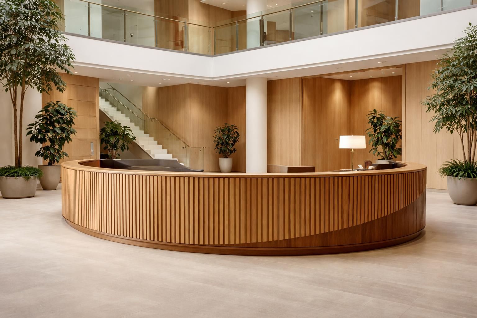 Banque d'accueil cintrée en chêne dans un hall
