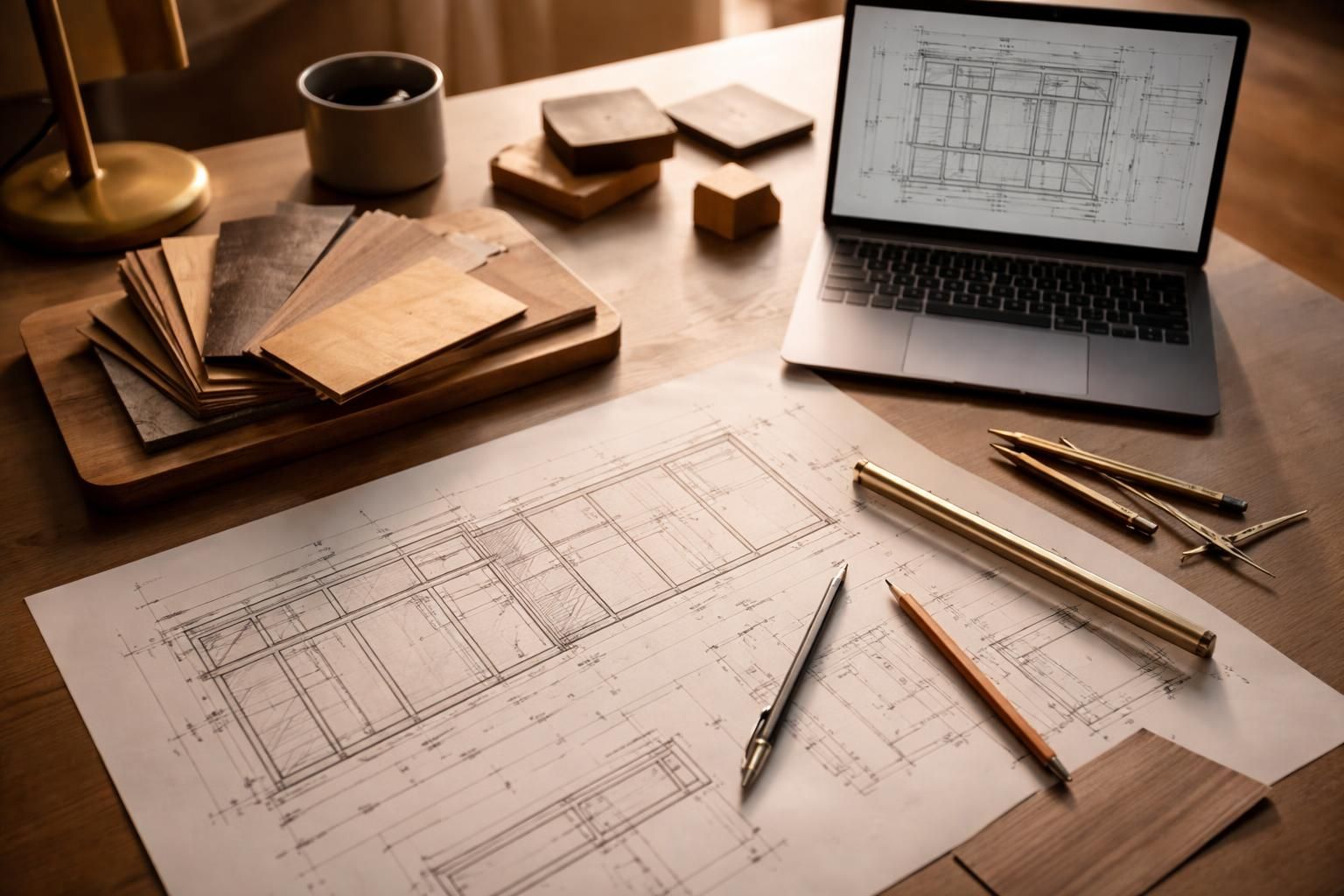 Bureau de studio de menuiserie avec plans techniques, échantillons de placage bois et ordinateur sous lumière chaude.