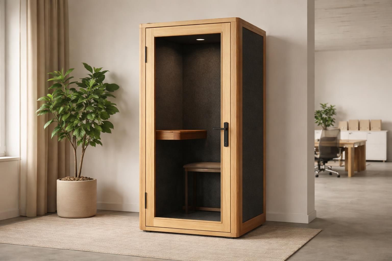 Cabine téléphonique individuelle en chêne avec porte vitrée et intérieur acoustique, pour open space moderne.