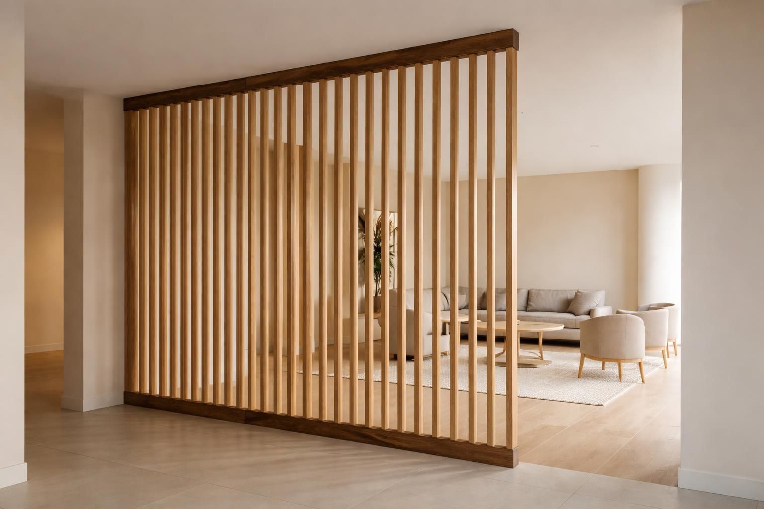 Claustra en chêne massif séparant circulation et salon, design intérieur minimaliste, finition mate et lumière naturelle.