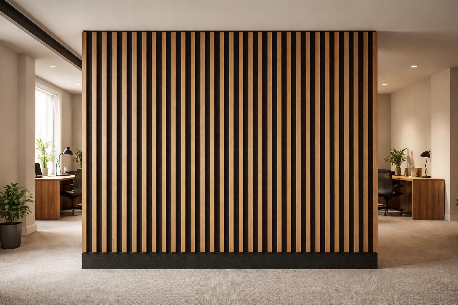 Cloison acoustique pleine en chêne entre deux locaux