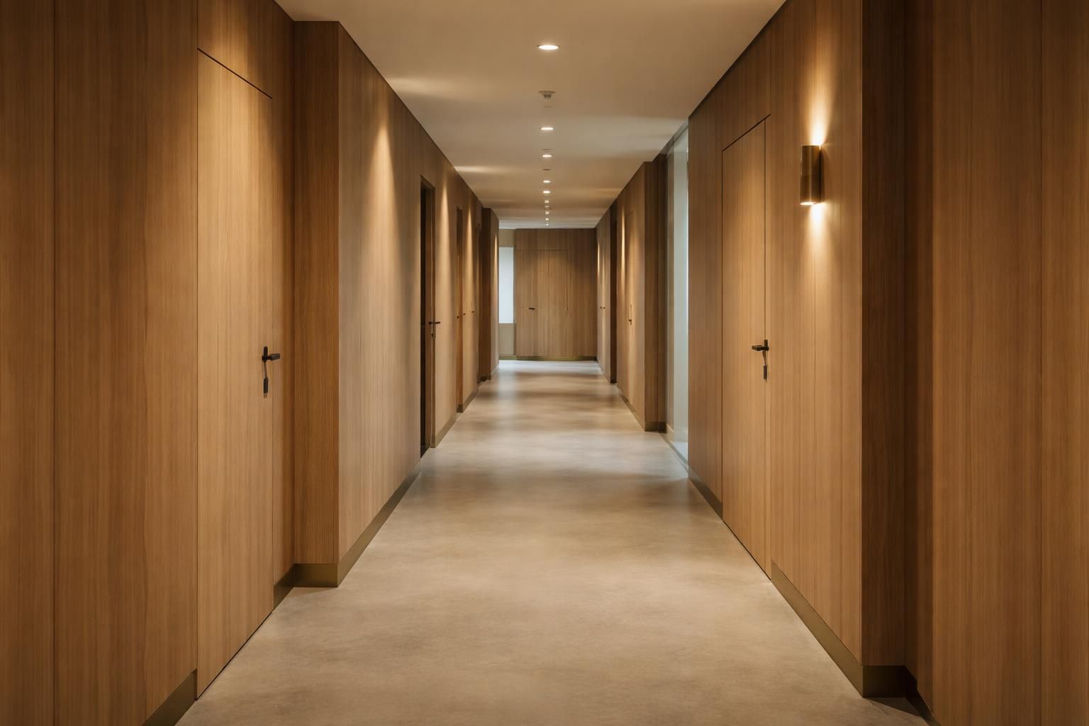 Couloir d’immeuble de bureaux contemporain avec portes en chêne, panneaux muraux bois et sol en béton poli.