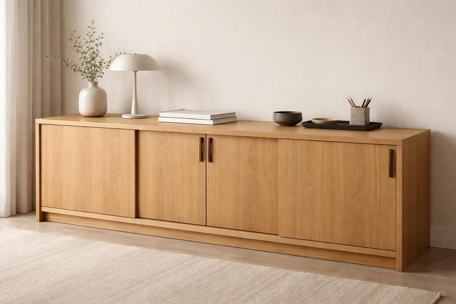 Crédence basse en chêne avec portes coulissantes, meuble de rangement de bureau en bois naturel élégant