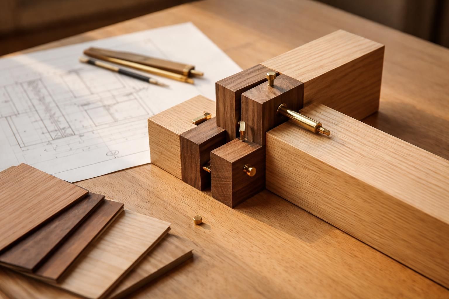 Détail d’assemblage en bois sur établi, avec plan technique et échantillons de placage en lumière naturelle.