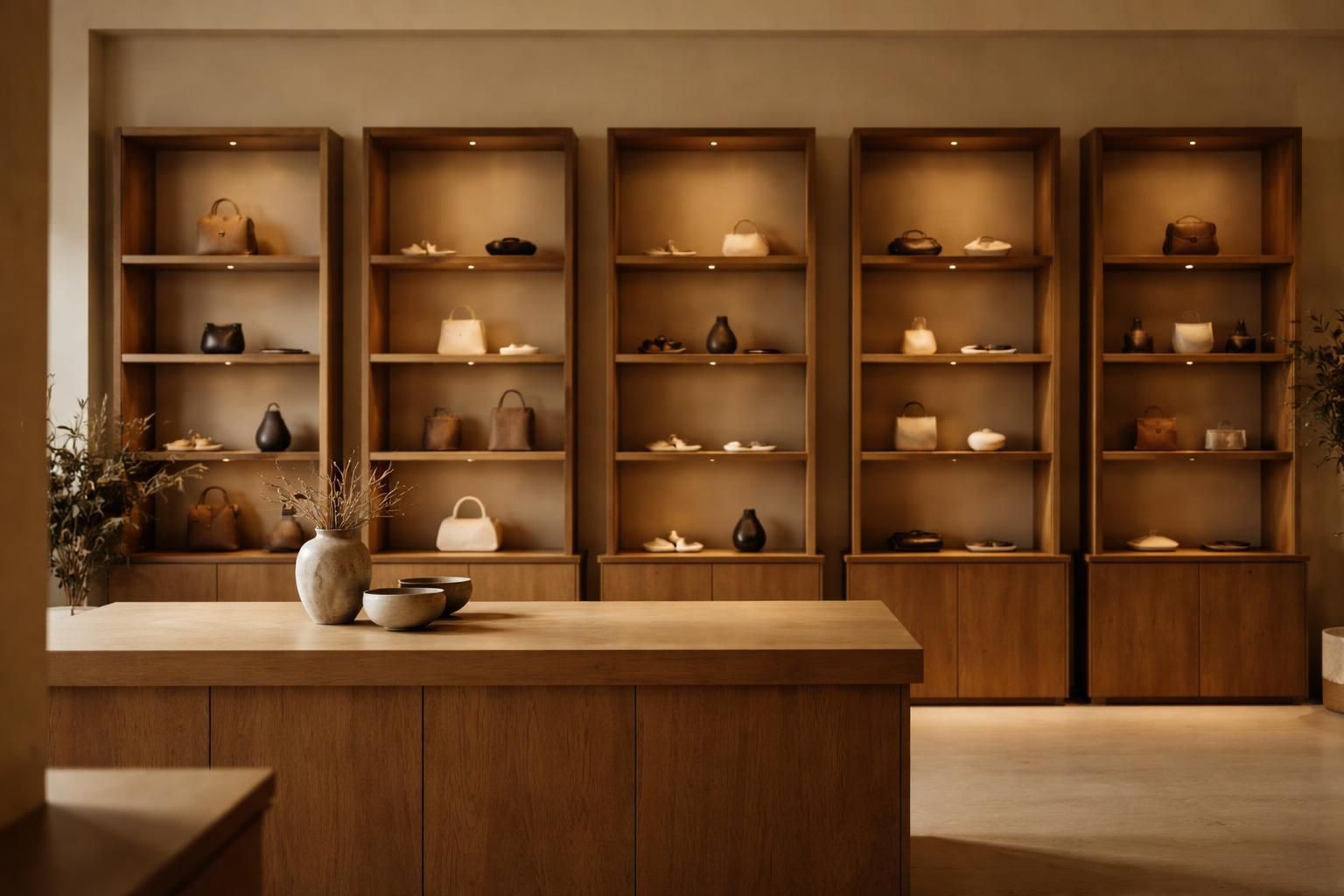 Intérieur de boutique élégant avec présentoirs en chêne, comptoir en bois et éclairage chaleureux naturel.