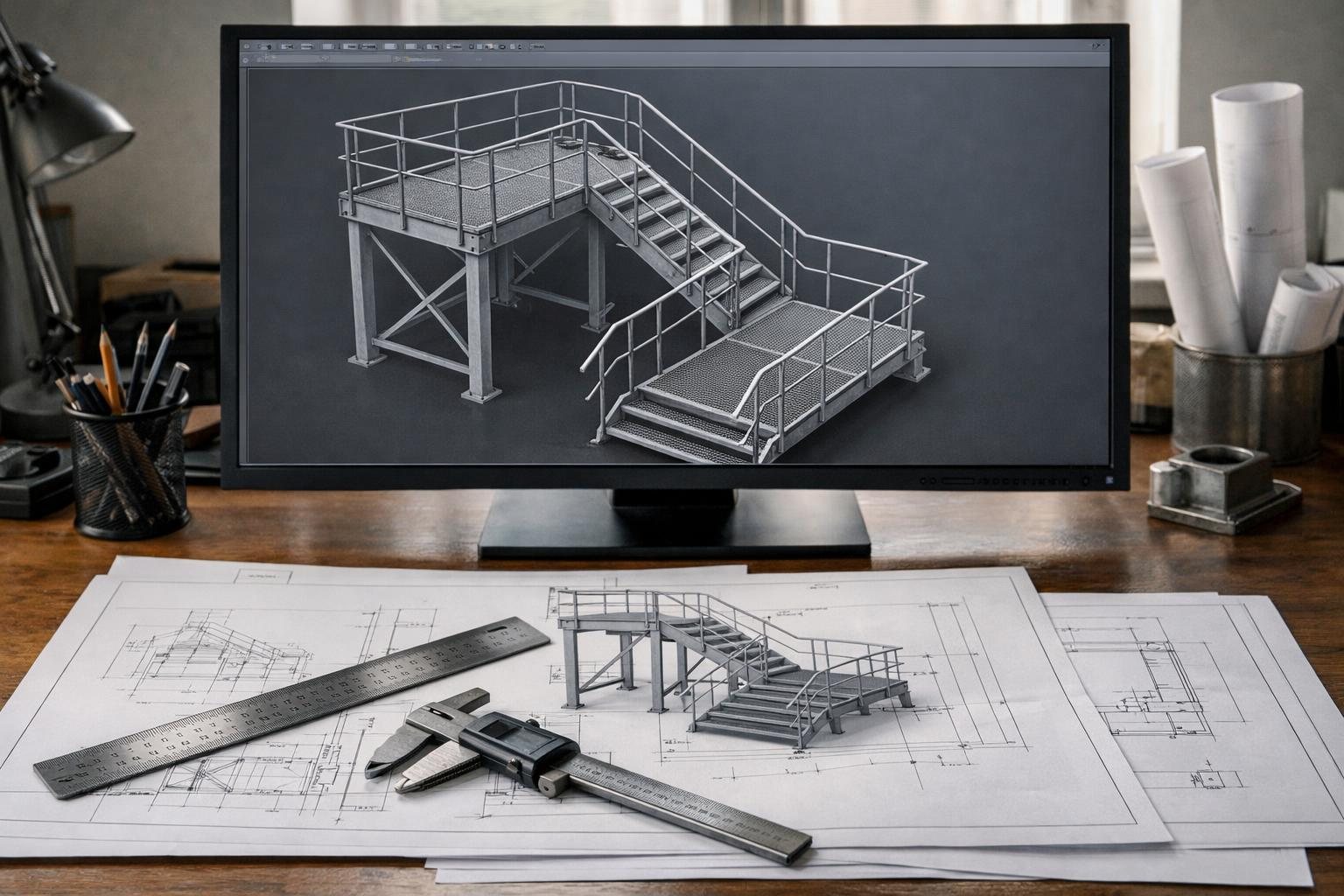 Modèle 3D d'un escalier et plans cotés au bureau d'études
