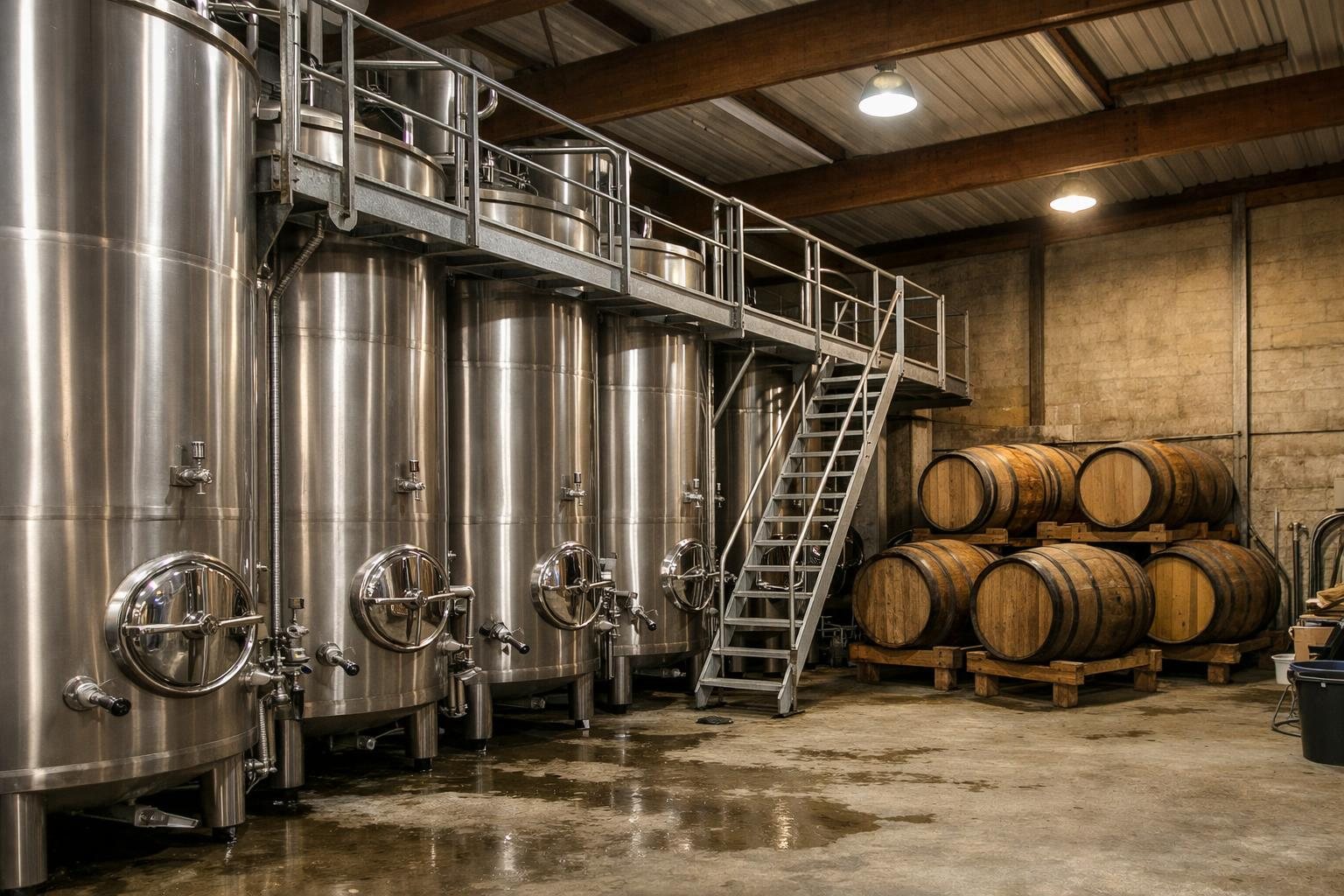 Cuves de fermentation en inox et passerelle dans une cidrerie