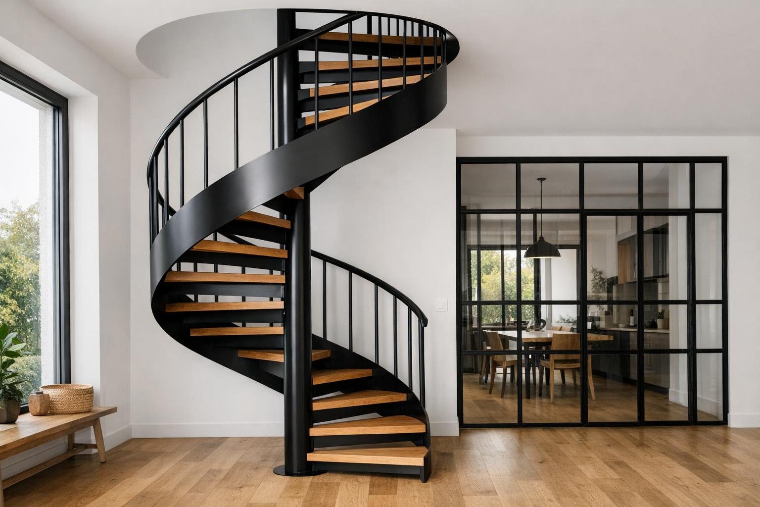 Escalier hélicoïdal en acier thermolaqué noir et marches en chêne dans une maison contemporaine