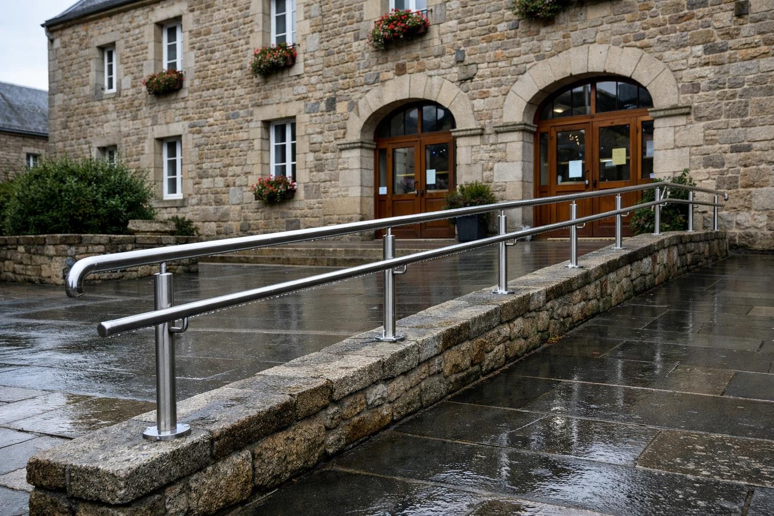 Main courante en inox le long d'une rampe d'accès devant une mairie