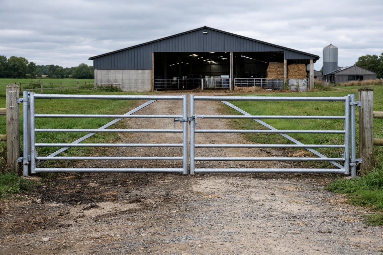 Portail agricole galvanisé à deux vantaux devant un bâtiment d'élevage