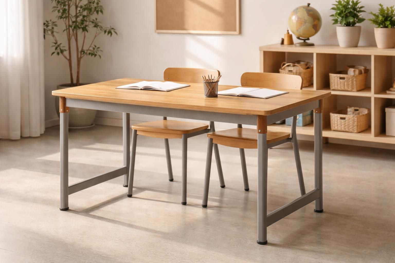 Table d’école en chêne pour deux élèves, avec structure en acier et finition mate, dans une salle de classe.